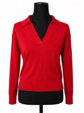 NWT 525 America Bright Red V-Neck Collared Sweater
